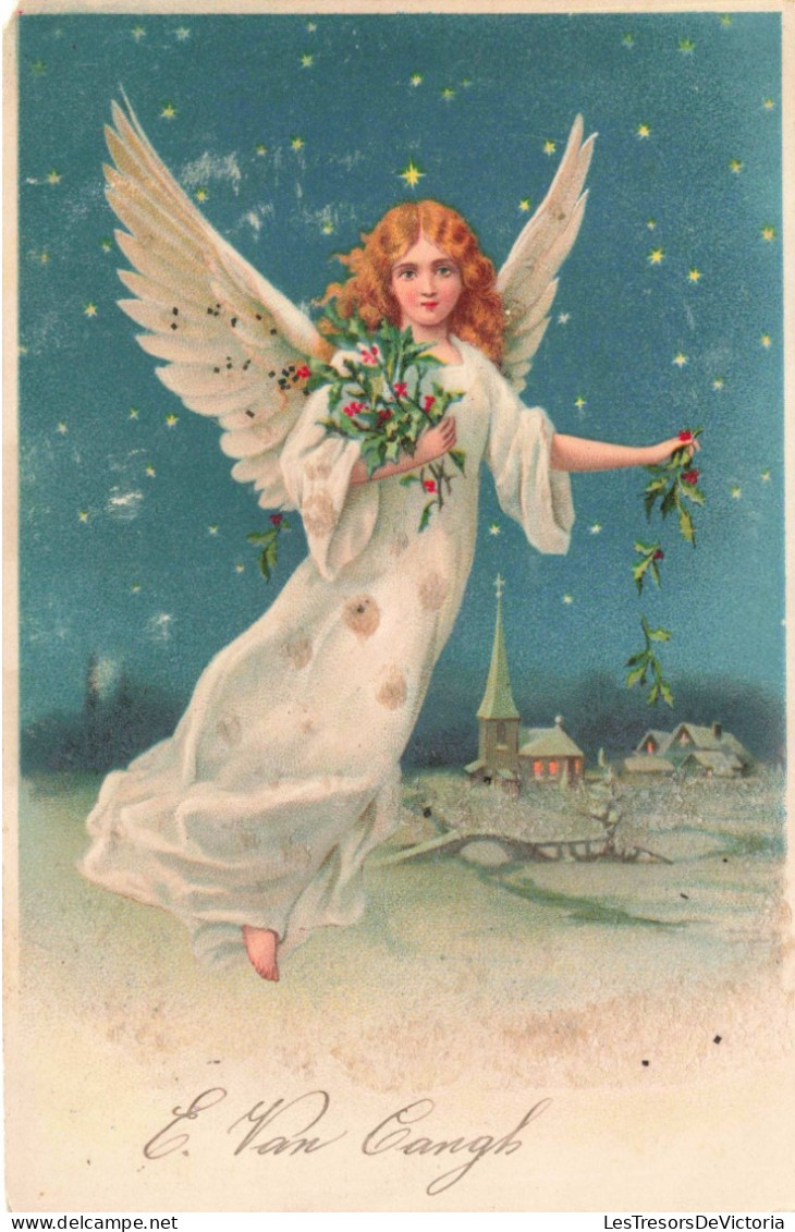 ANGES - Un Ange Dans La Neige Tenant Une Branche De Houx -  Carte Postale Ancienne - Anges