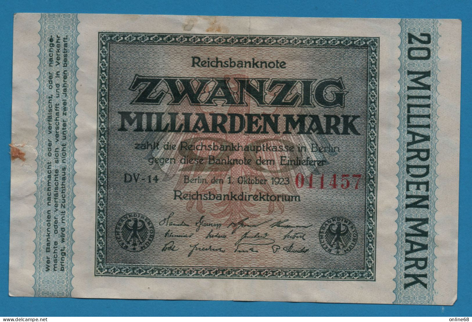 DEUTSCHES REICH 20 MILLIARDEN MARK 01.10.1923 # DV-14 011457 P# 118a - 20 Miljard Mark