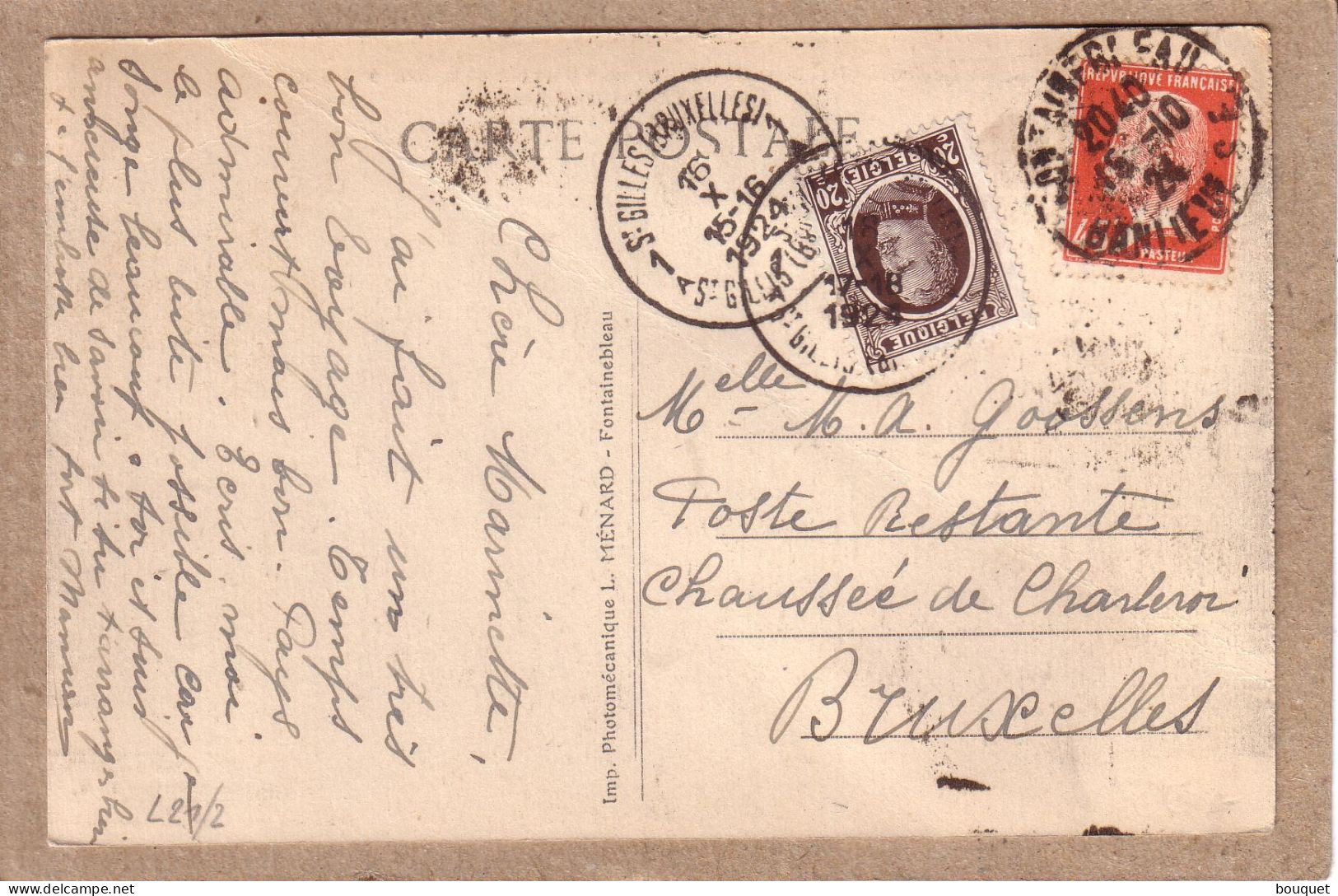 FRANCE , BELGIQUE - CARTE CACHET FONTAINEBLEAU BANLIEUE POUR ST GILLES BRUXELLES  + TAXE TIMBRE BELGE - 1924 - Briefe U. Dokumente