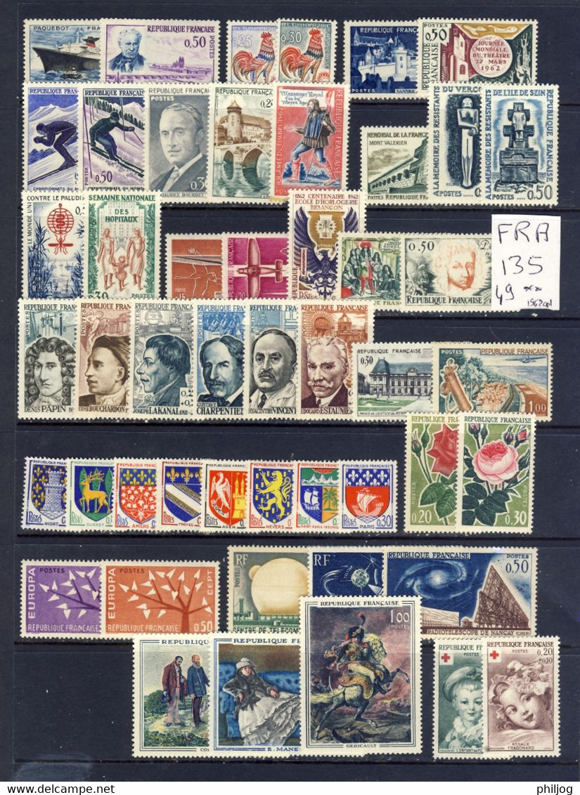 France - Frankreich - Année 1962 Complète Neuve SANS Charnière - Yvert 1325 à 1367 - Jahrgang 1962 Falzlos - MNH Year - 1960-1969