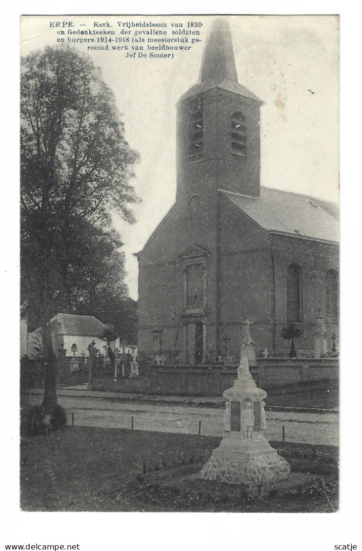 Erpe.   -    Kerk   -   Vrijheidsboom Van 1830   -   MOOI KAARTJE    -   1921   Naar   Lovendeghem - Evergem