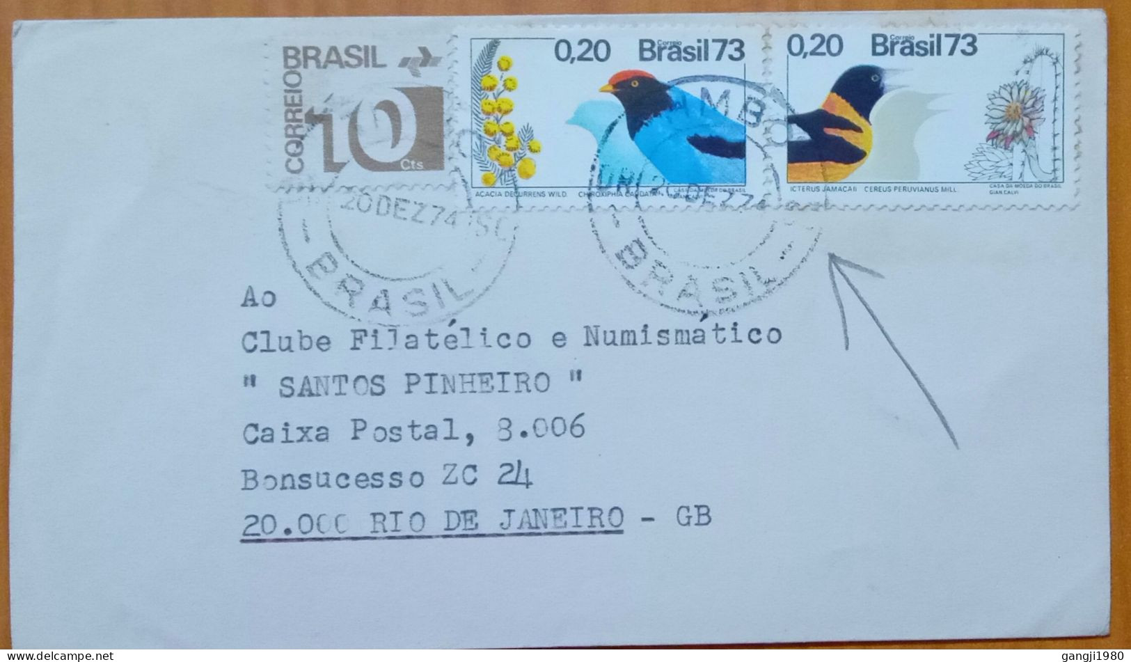 BRAZIL 1974, COVER USED, PHILATELIC & NUMISMATIC CLUB, 1973 BIRDS & PLANTS, NUMERAL, 3 DIFFERENT STAMP, TIMBO CITY CANCE - Sonstige & Ohne Zuordnung