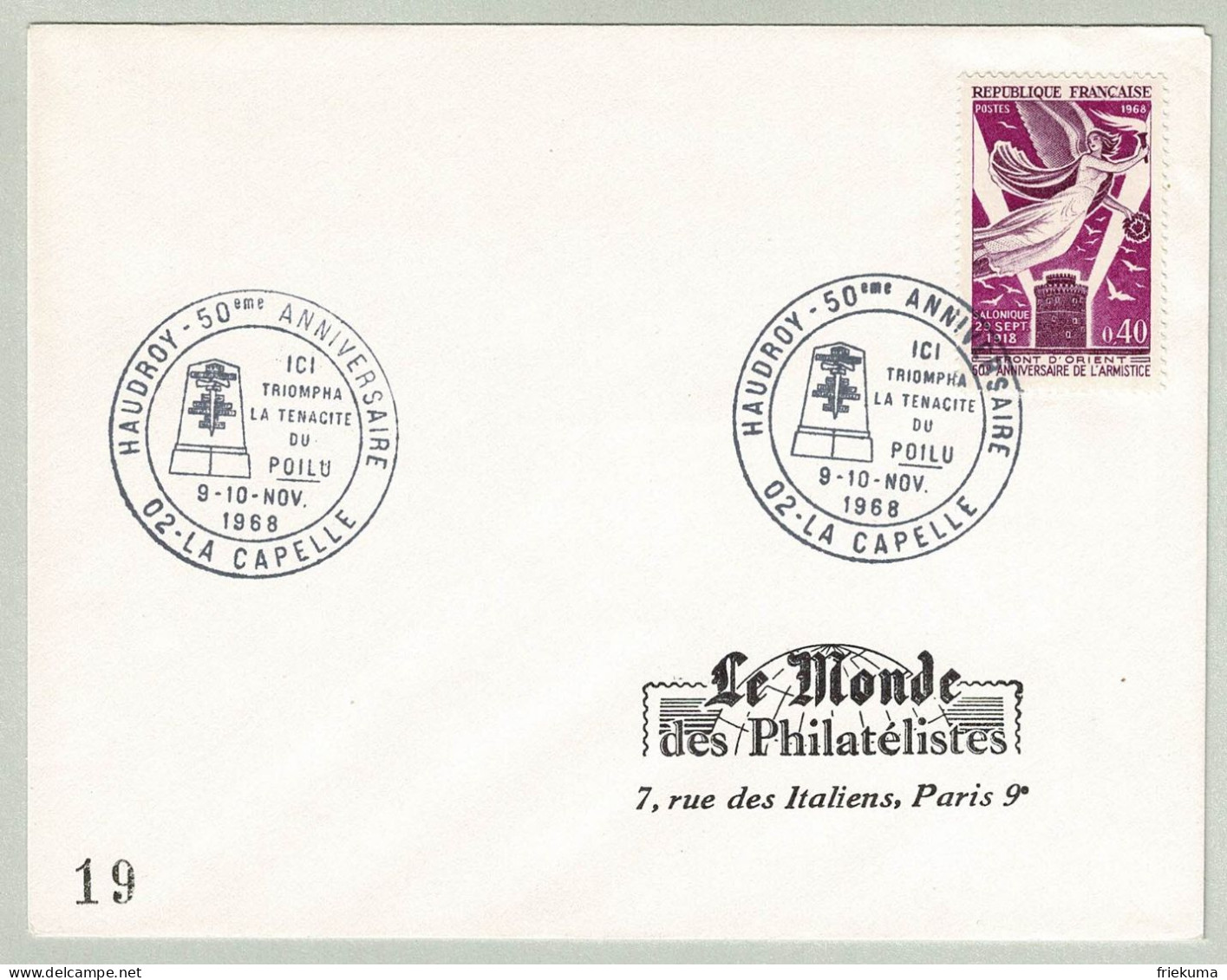 Frankreich / France 1968, Brief La Capelle - Paris, Gedenken Waffenstillstand, Monument - Guerre Mondiale (Première)