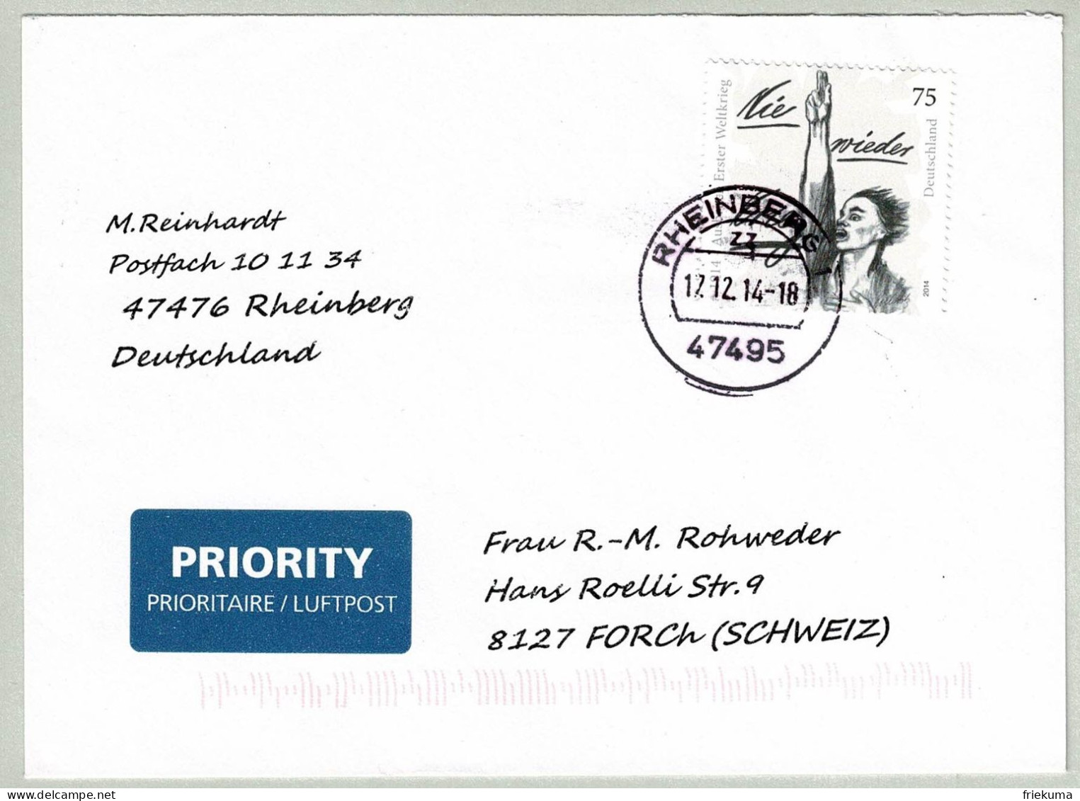 Deutschland 2014, Brief Rheinberg - Forch, Ausbruch Erster Weltkrieg - Guerre Mondiale (Première)