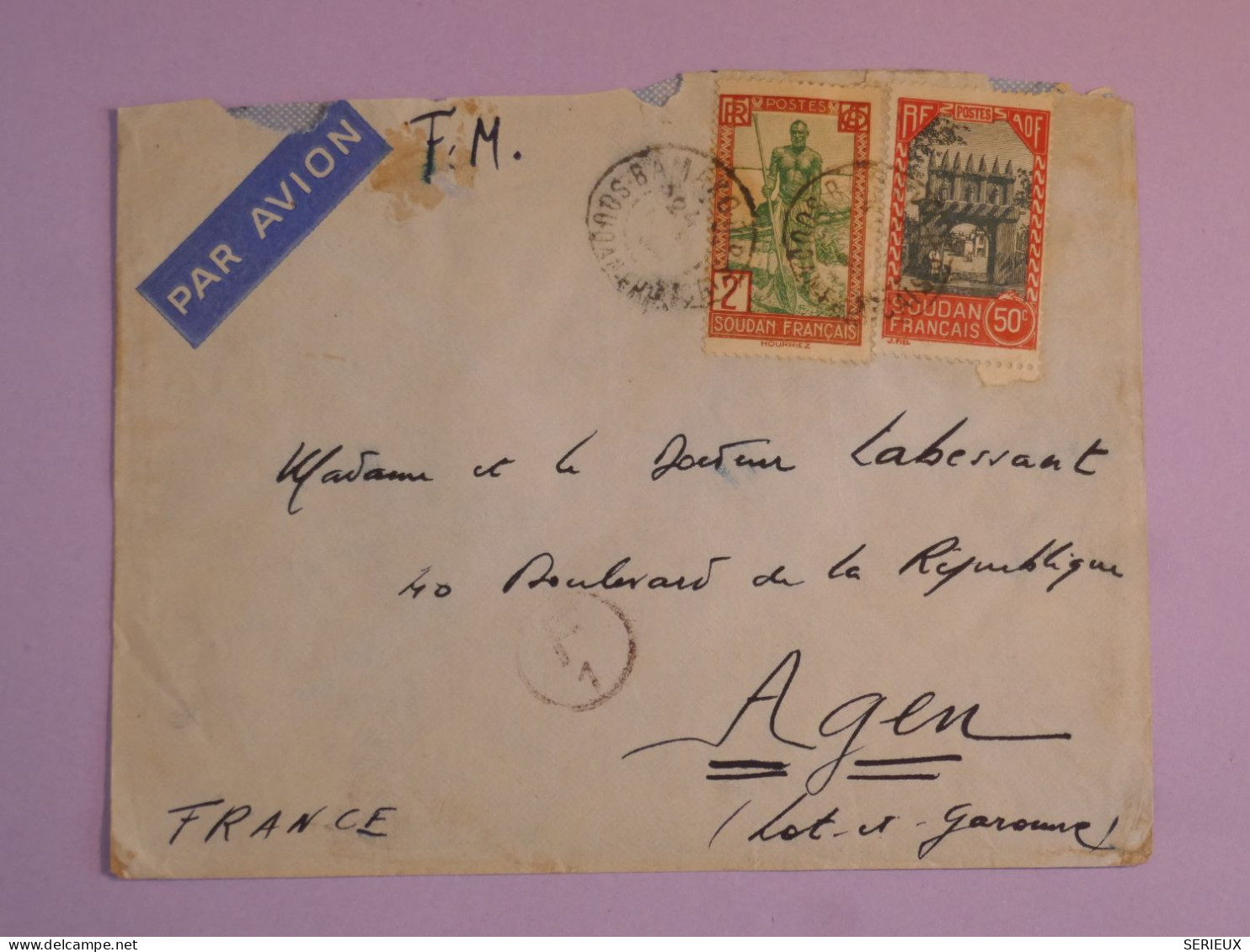 DB11 SOUDAN BELLE LETTRE FM  ENV. 1938  BAMAKO A AGEN FRANCE+AFF. INTERESSANT+++ - Lettres & Documents