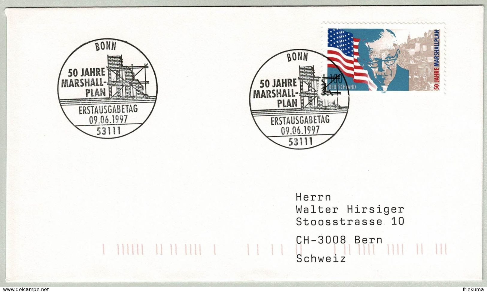 Deutschland 1997, Brief Ersttag Marshall-Plan Bonn - Bern (Schweiz), Wiederaufbau / Reconstruction - Guerre Mondiale (Seconde)