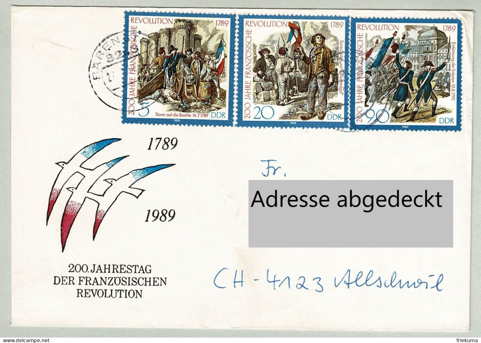 DDR 1989, Brief Bärenstein - Allschwil, Französische Revolution / Révolution Française / French Revolution - Révolution Française
