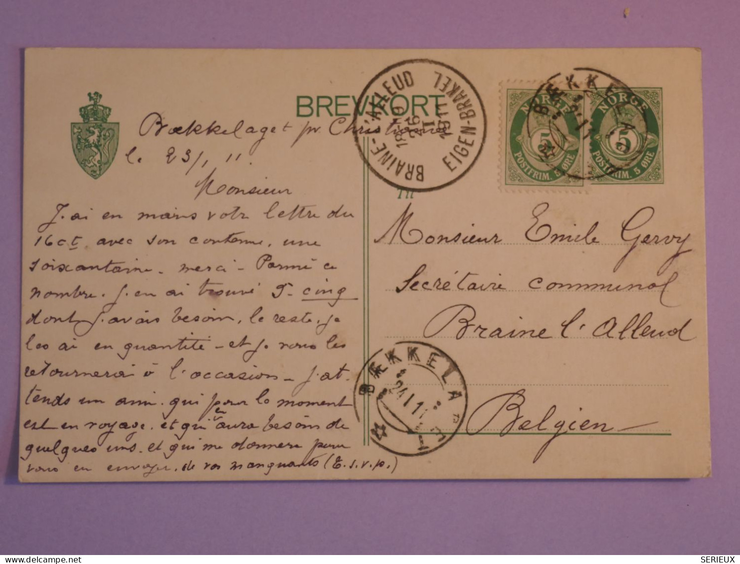 DB11 NORGE   BELLE  CARTE 1919 BEKELA   A BRAINE  BELGIUM  ++AFF. INTERESSANT+++ - Storia Postale