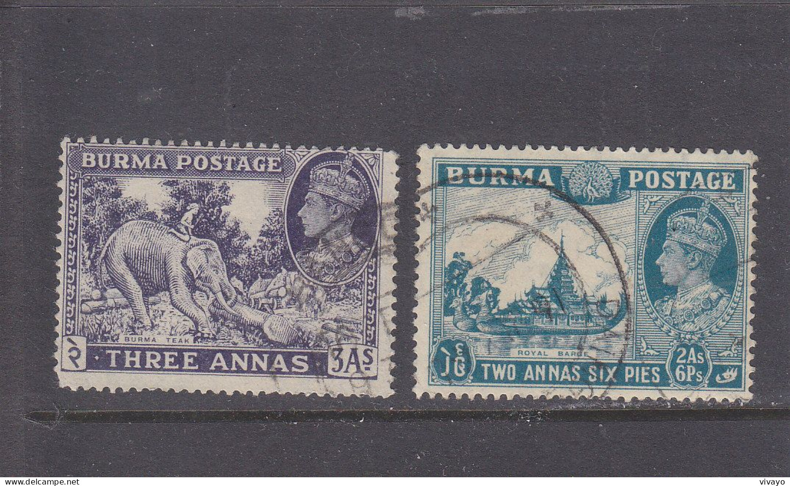 BURMA - O / FINE CANCELLED - 1946 - KGVI - WORKING ELEPHANT, KINGS BOAT , Mi. 58, 59    Yv. 41, 42 - Burma (...-1947)