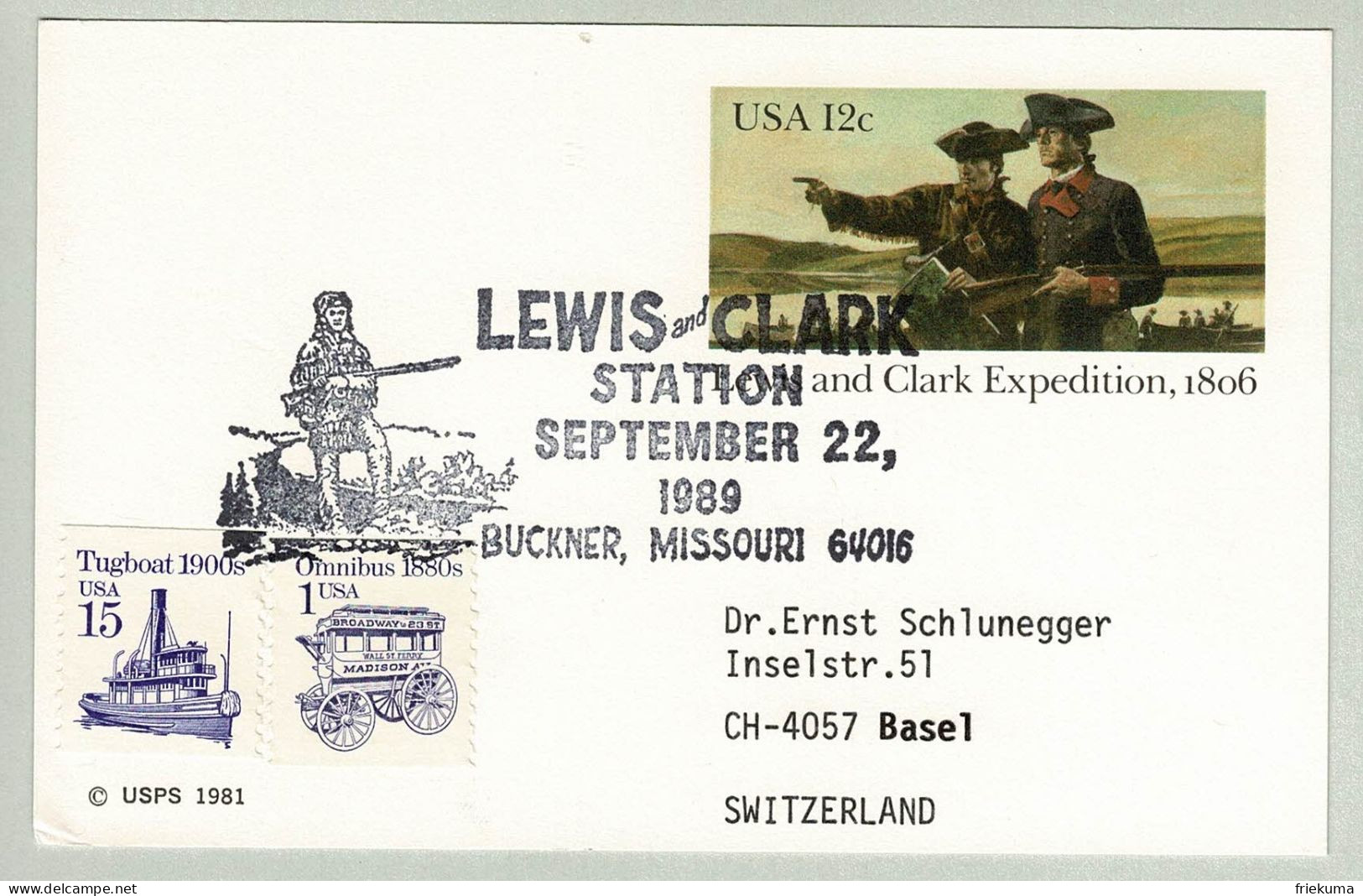 USA 1989, Ganzsachenkarte Lewis And Clark Station Buckner Missouri - Basel (Schweiz) - Indépendance USA