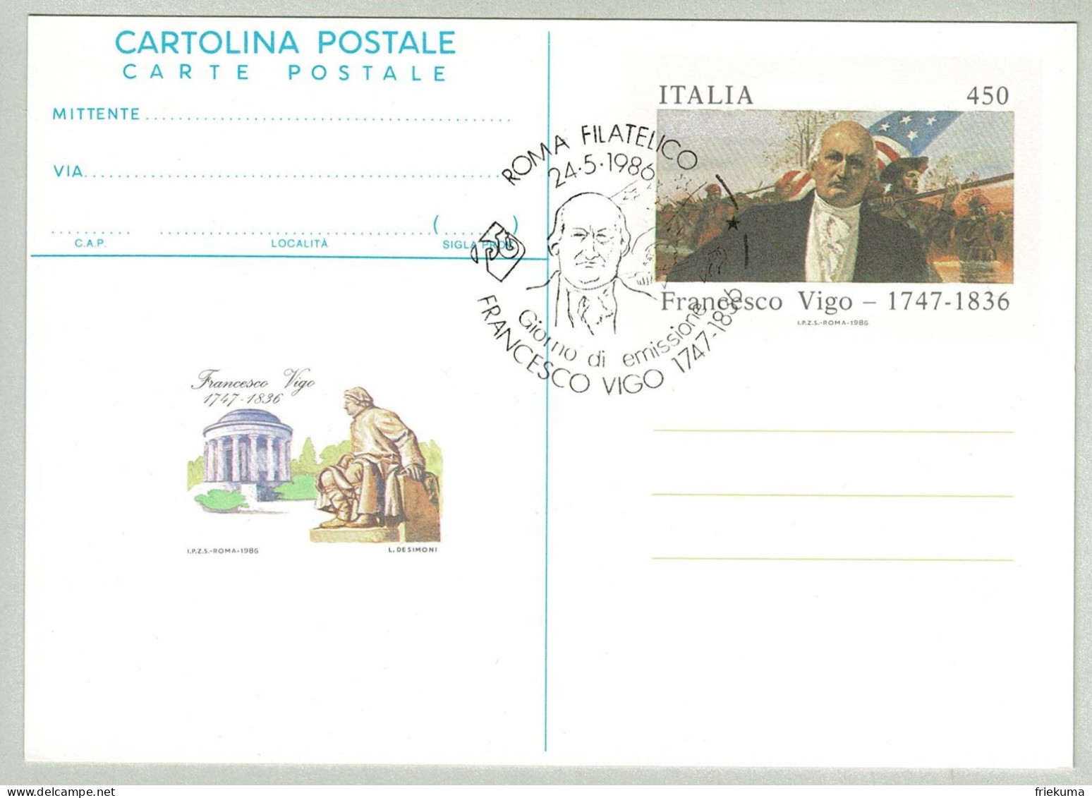 Italien / Italia 1986, Ganzsachen-Karte Francesco Vigo, Ersttagstempel - Indépendance USA