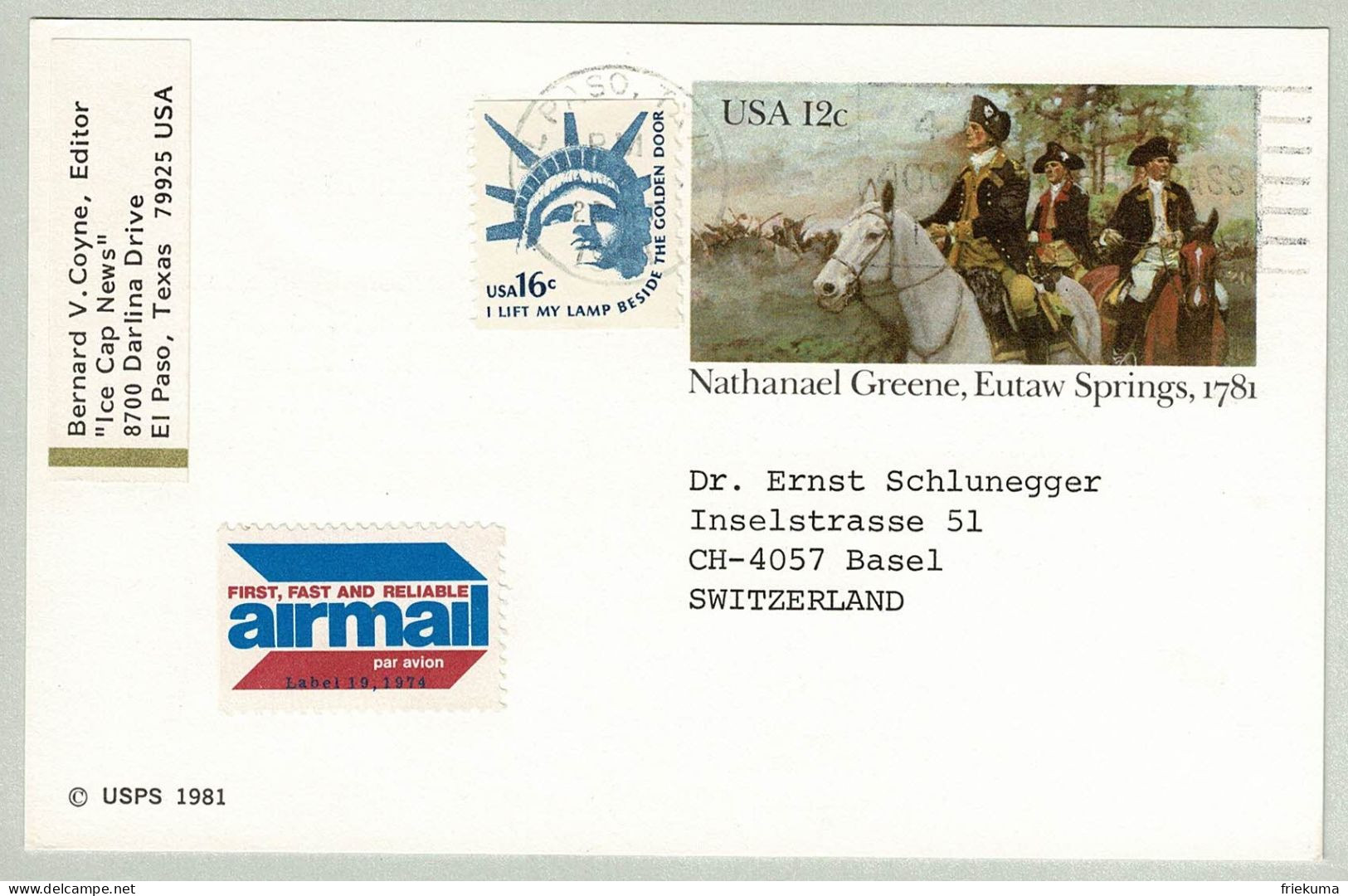 USA 1981, Ganzsachenkarte Nathanael Greene Eutaw Springs El Paso - Basel (Schweiz) - Indépendance USA