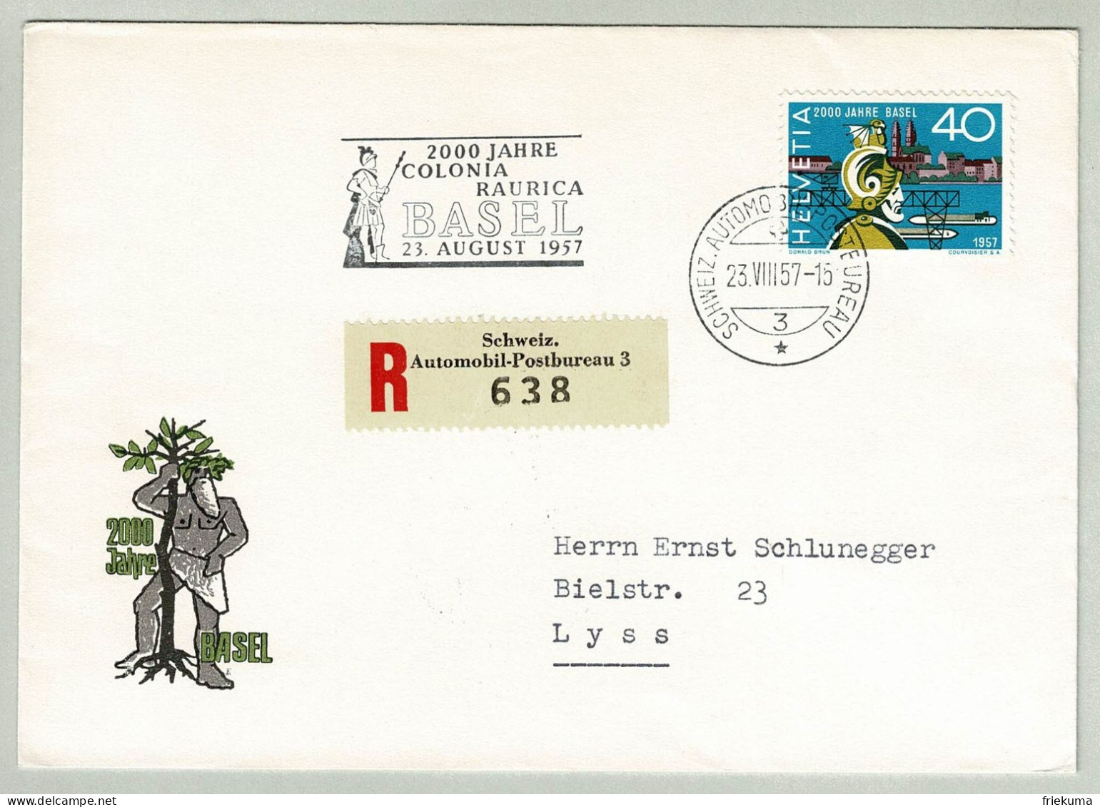 Schweiz / Helvetia 1957, Brief Einschreiben Automobil-Postbureau Colonia Augusta Raurica Basel - Lyss, Pro Patria - Préhistoire