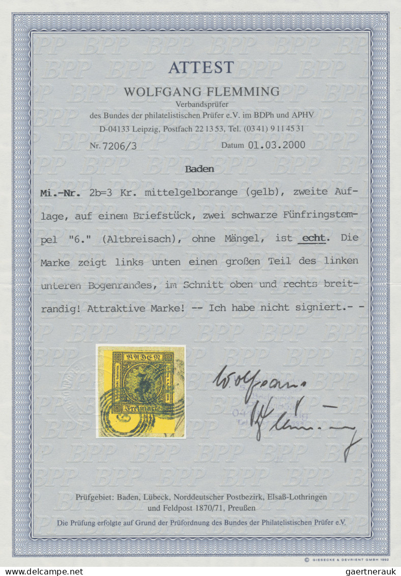 Baden - Marken Und Briefe: 1852, 3 Kreuzer Schwarz Auf Gelb, Zweite Auflage, Aus - Sonstige & Ohne Zuordnung