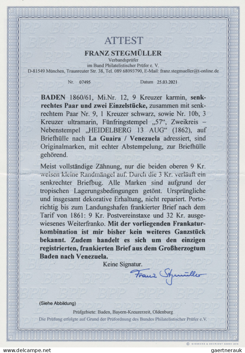 Baden - Marken Und Briefe: 1862, DESTINATION VENEZUELA: 9 Kr. Karmin, Senkrechte - Sonstige & Ohne Zuordnung