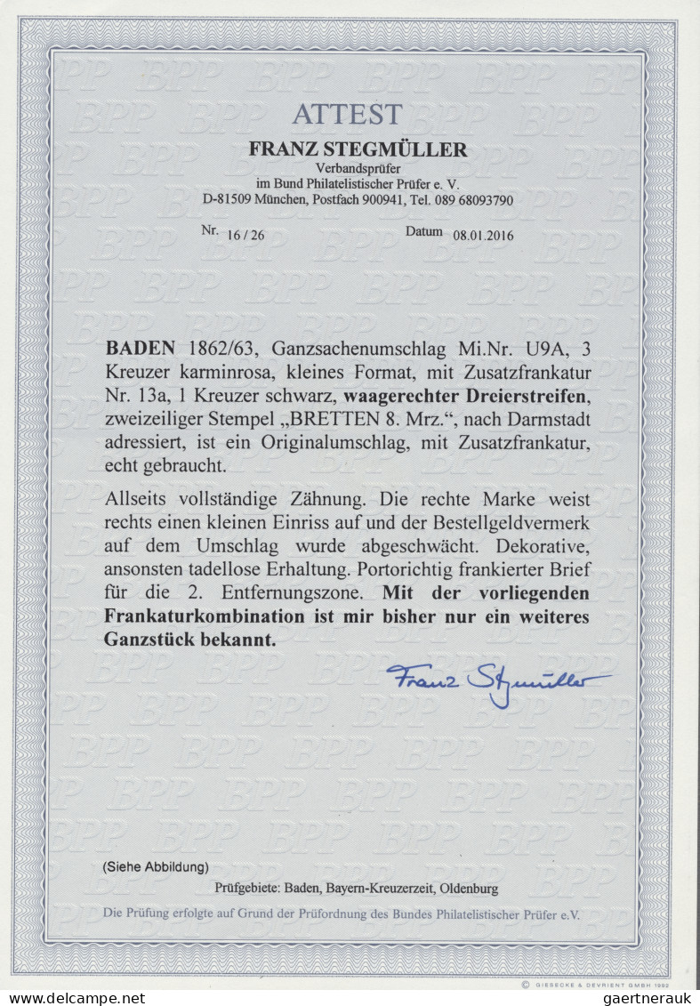 Baden - Ganzsachen: 1863, Ganzsachenumschlag 3 Kreuzer Karminrosa, Kleines Forma - Other & Unclassified