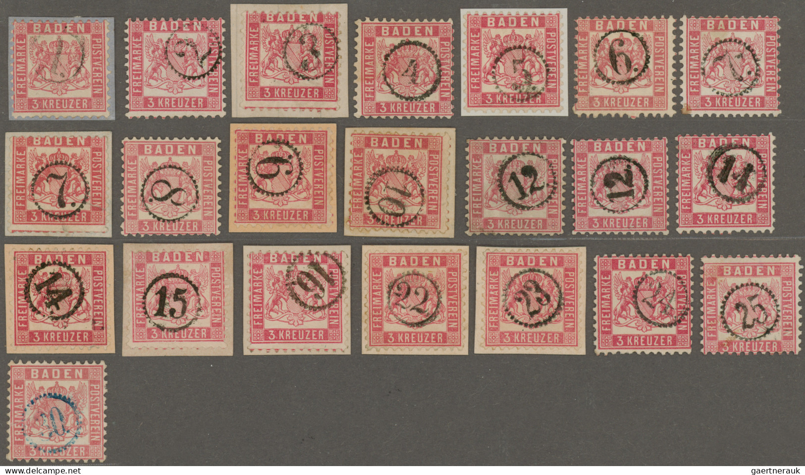 Baden - Uhrradstempel: 1862/1863, 3 Kr. Karmin (MiNr. 18), Partie Von 22 Werten - Altri & Non Classificati