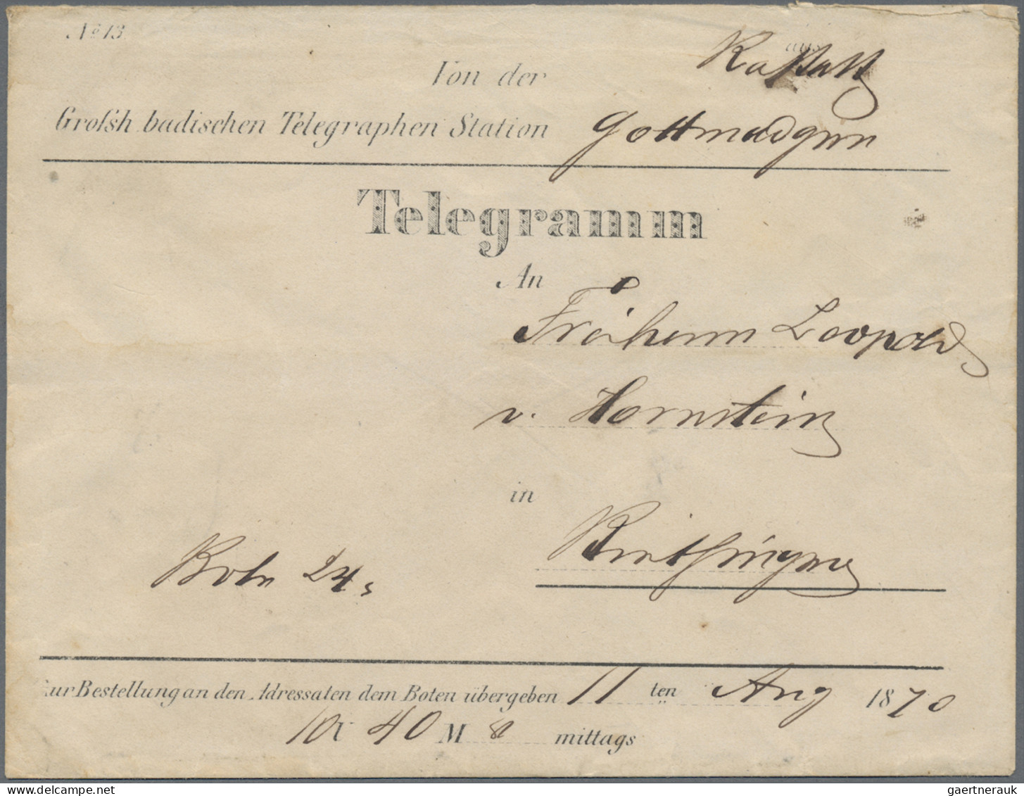 Baden - Besonderheiten: 1870, Gedrucktes TELEGRAMM (Grobe Typ 6) Aus "GOTTMADING - Sonstige & Ohne Zuordnung