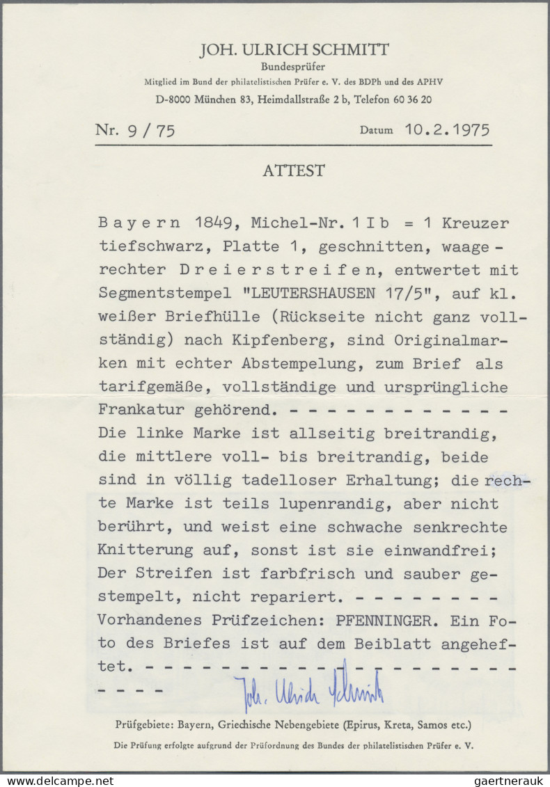 Bayern - Marken Und Briefe: 1849, SCHWARZER EINSER 1 Kr. Tiefschwarz, Platte 1, - Autres & Non Classés