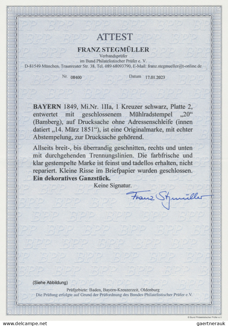 Bayern - Marken Und Briefe: 1849, 1 Kreuzer Schwarz, Platte 2, übergehend Entwer - Autres & Non Classés