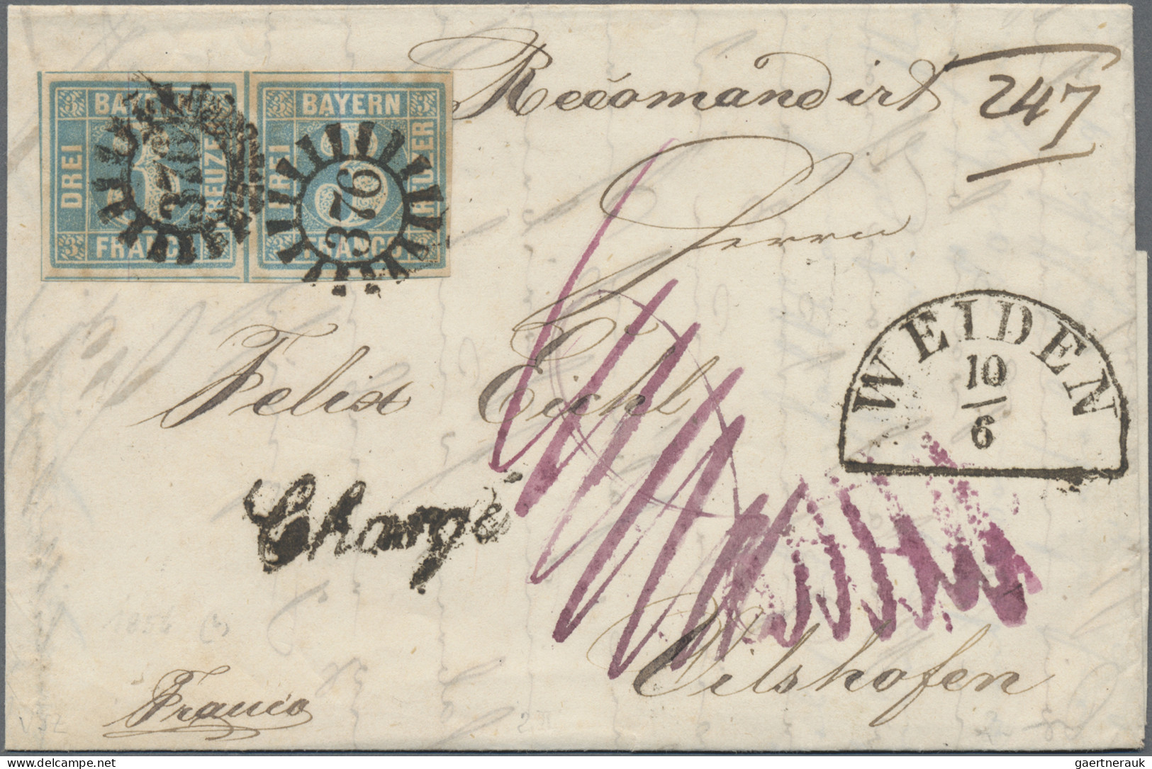 Bayern - Marken Und Briefe: 1850, 3 Kr. Blau, Type II, Waagerechtes Kabinettpaar - Other & Unclassified