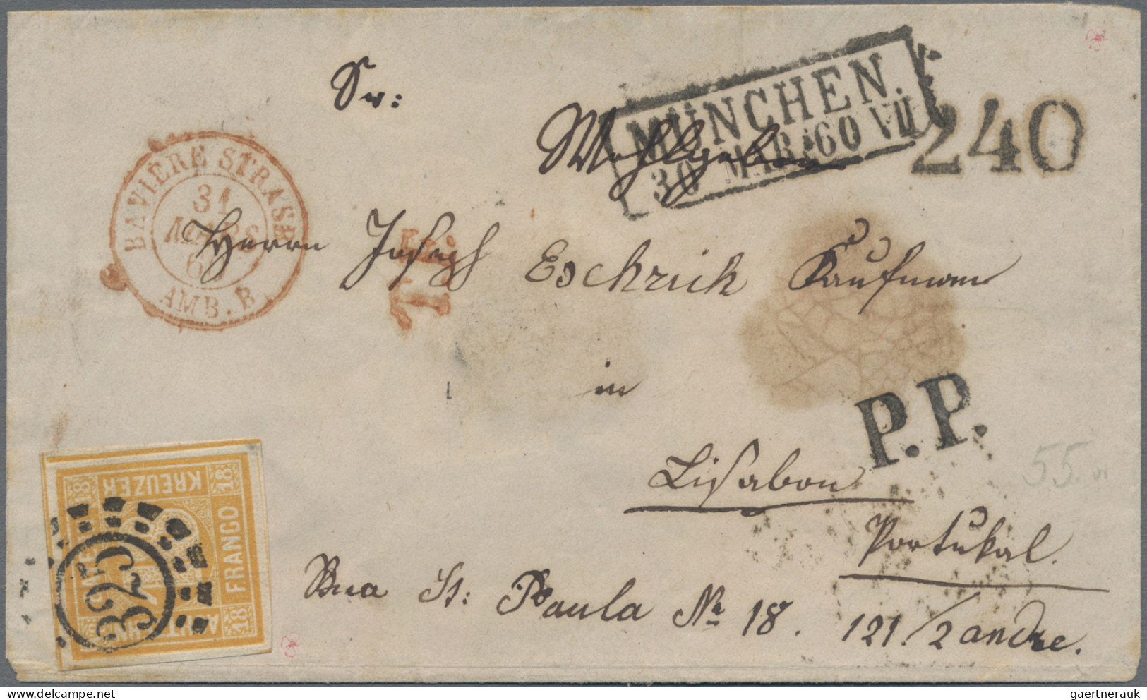 Bayern - Marken Und Briefe: 1854, 18 Kreuzer Gelborange Vom Bogenrand Auf Briefu - Autres & Non Classés