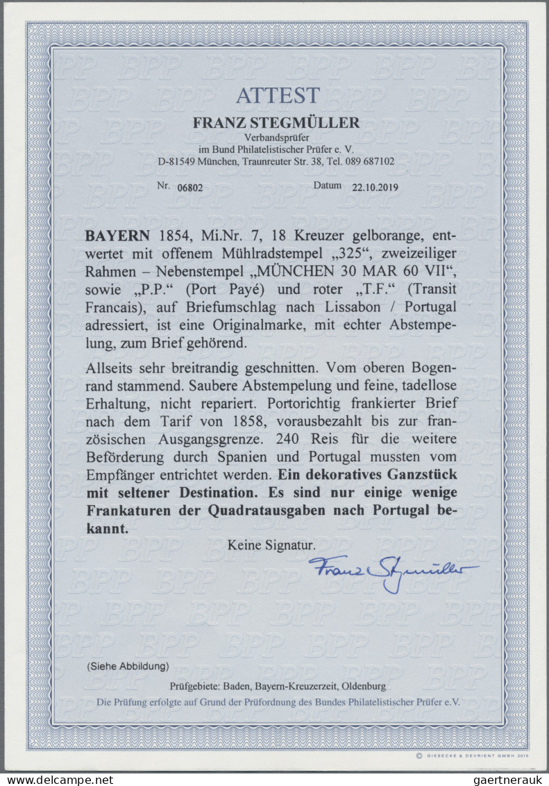 Bayern - Marken Und Briefe: 1854, 18 Kreuzer Gelborange Vom Bogenrand Auf Briefu - Other & Unclassified