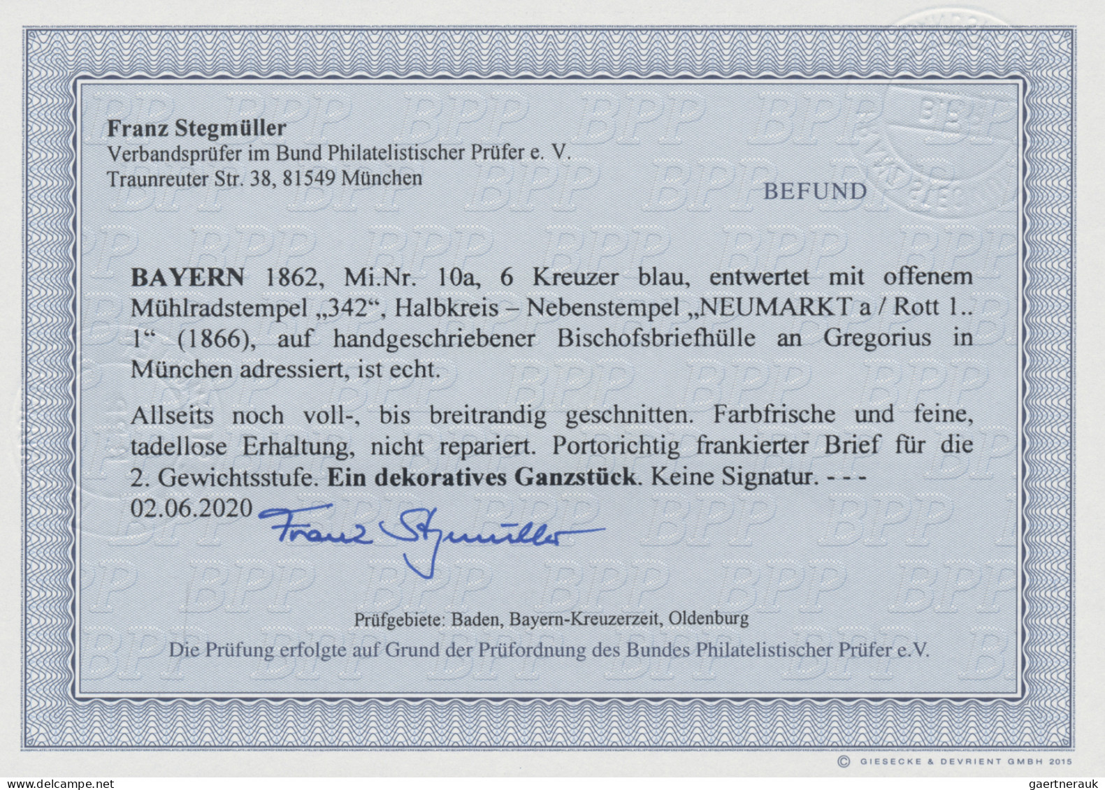 Bayern - Marken Und Briefe: 1862, 6 Kr Blau, Entwertet Mit Offenem Mühlradstempe - Other & Unclassified