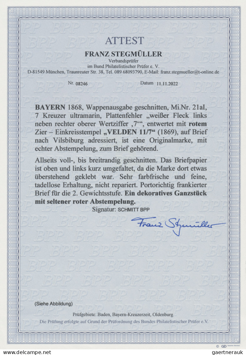 Bayern - Marken Und Briefe: 1868, 7 Kr Ultramarin Mit Plattenfehler "weißer Flec - Other & Unclassified