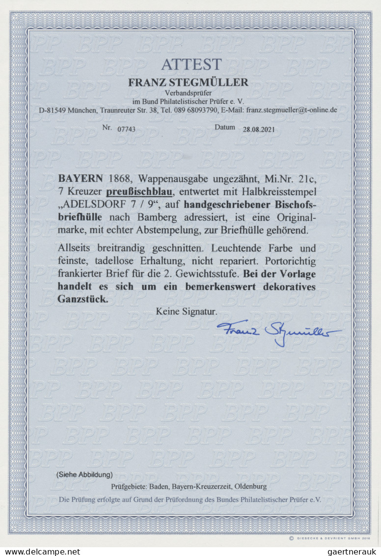 Bayern - Marken Und Briefe: 1868, Wappen 7 Kr. In Tiefer Preußischblauen Farbnua - Autres & Non Classés