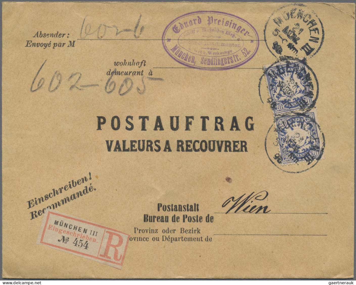 Bayern - Marken Und Briefe: 1890, Zwei Postaufträge Nach Wien: 10 Pfg. Rot Im Se - Sonstige & Ohne Zuordnung