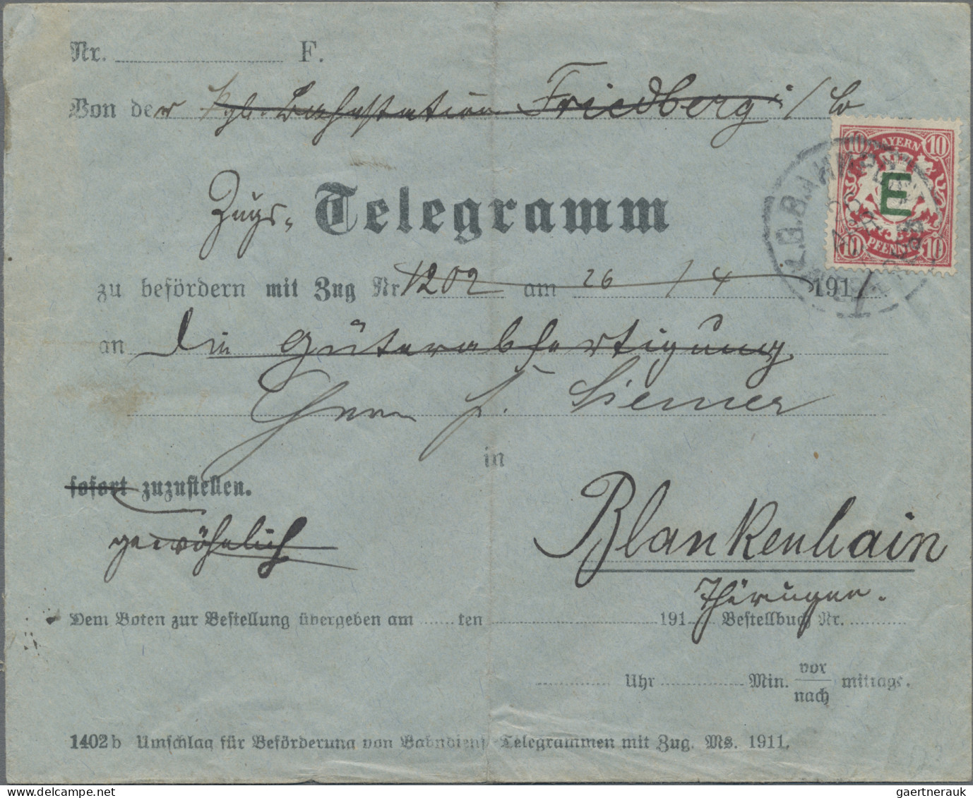 Bayern - Dienstmarken: 1911, FRANKIERTES TELEGRAMM PER BAHNPOST, 10 Pfg. Karmin - Autres & Non Classés