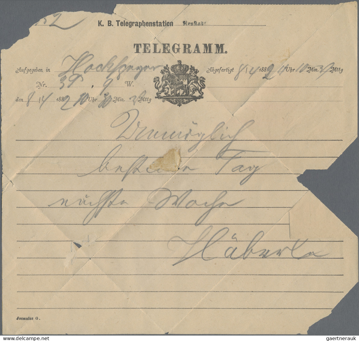 Bayern - Portomarken: 1882, FRANKIERTES TELEGRAMM, Portomarke 10 Pfg. Grau Als Z - Other & Unclassified