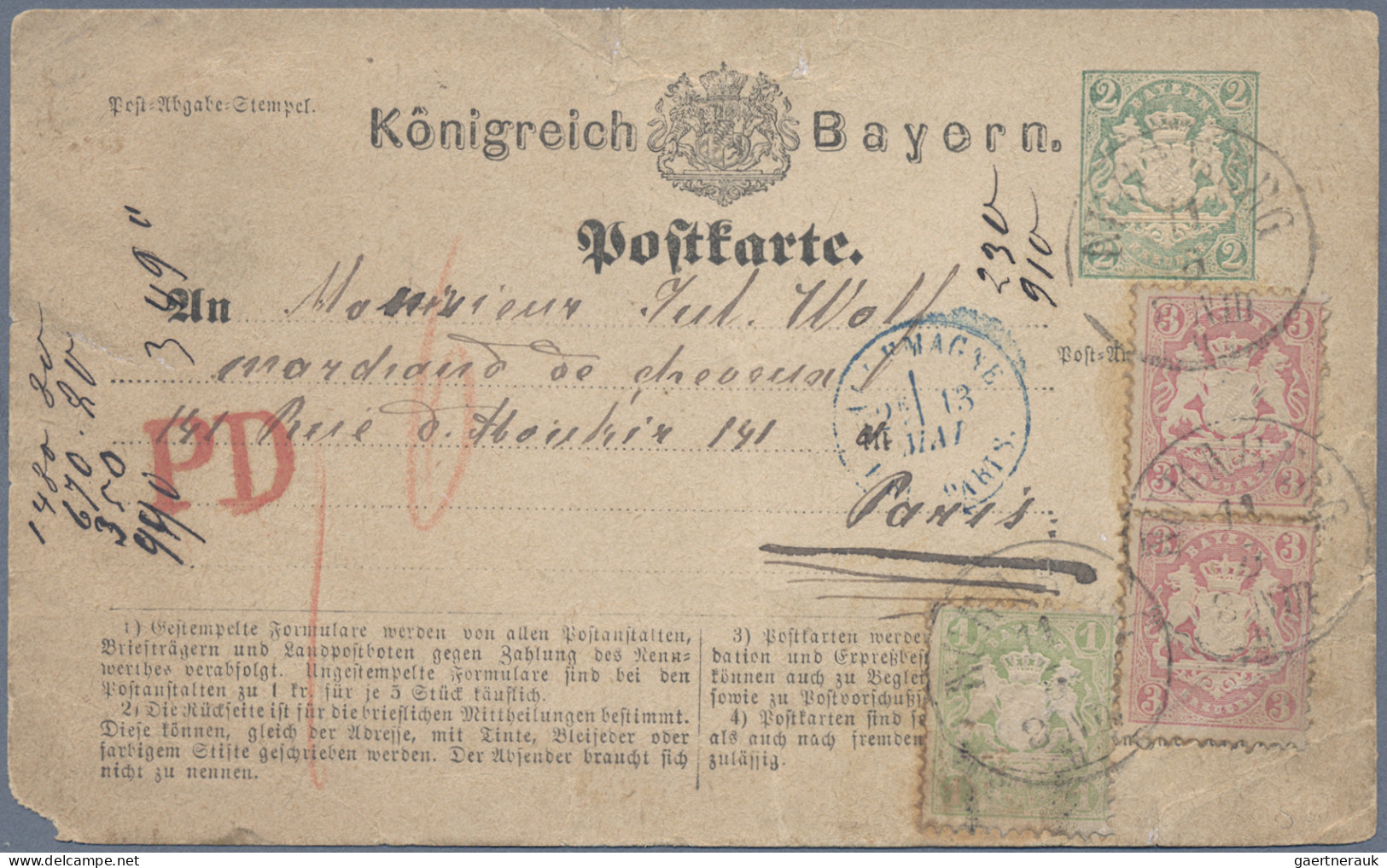 Bayern - Ganzsachen: 1874, GS-Postkarte 2 Kr. Mit Zusatzfrankatur 1 Kr. + 2 X 3 - Autres & Non Classés