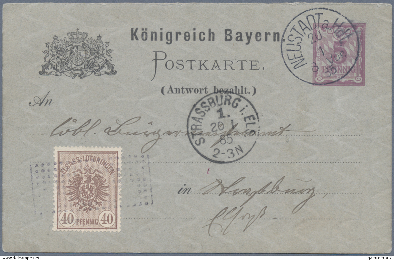 Bayern - Ganzsachen: 1885, Frageteil Wappen 5 Pfg. Lila Gebraucht Ab "NEUSTADT A - Autres & Non Classés