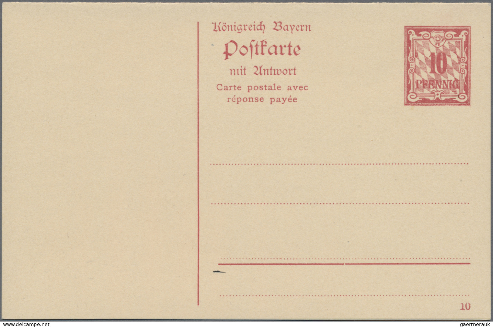 Bayern - Ganzsachen: 1910, Wappen 10 Pfg.+10 Pfg. Doppelkarte, Ungebraucht. Aufl - Andere & Zonder Classificatie