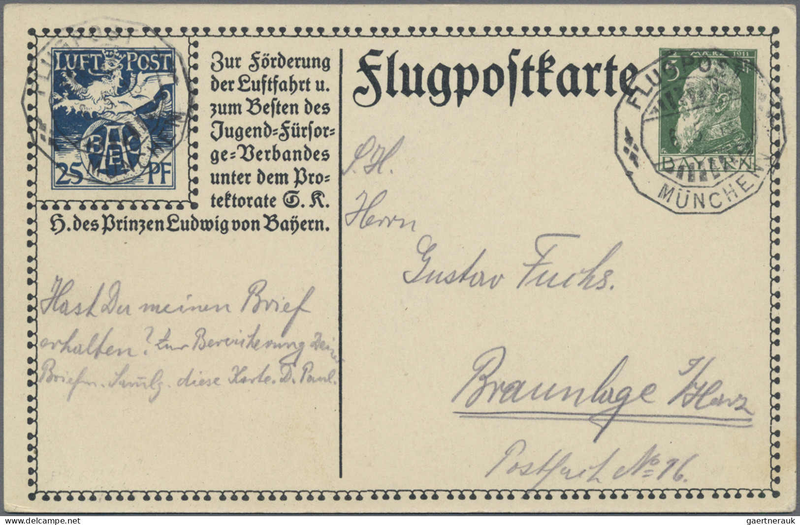 Bayern - Ganzsachen: 1912, Flugpostkarte 5 Pfg. Luitpold + 25 Pfg. "BAEC", Beide - Autres & Non Classés