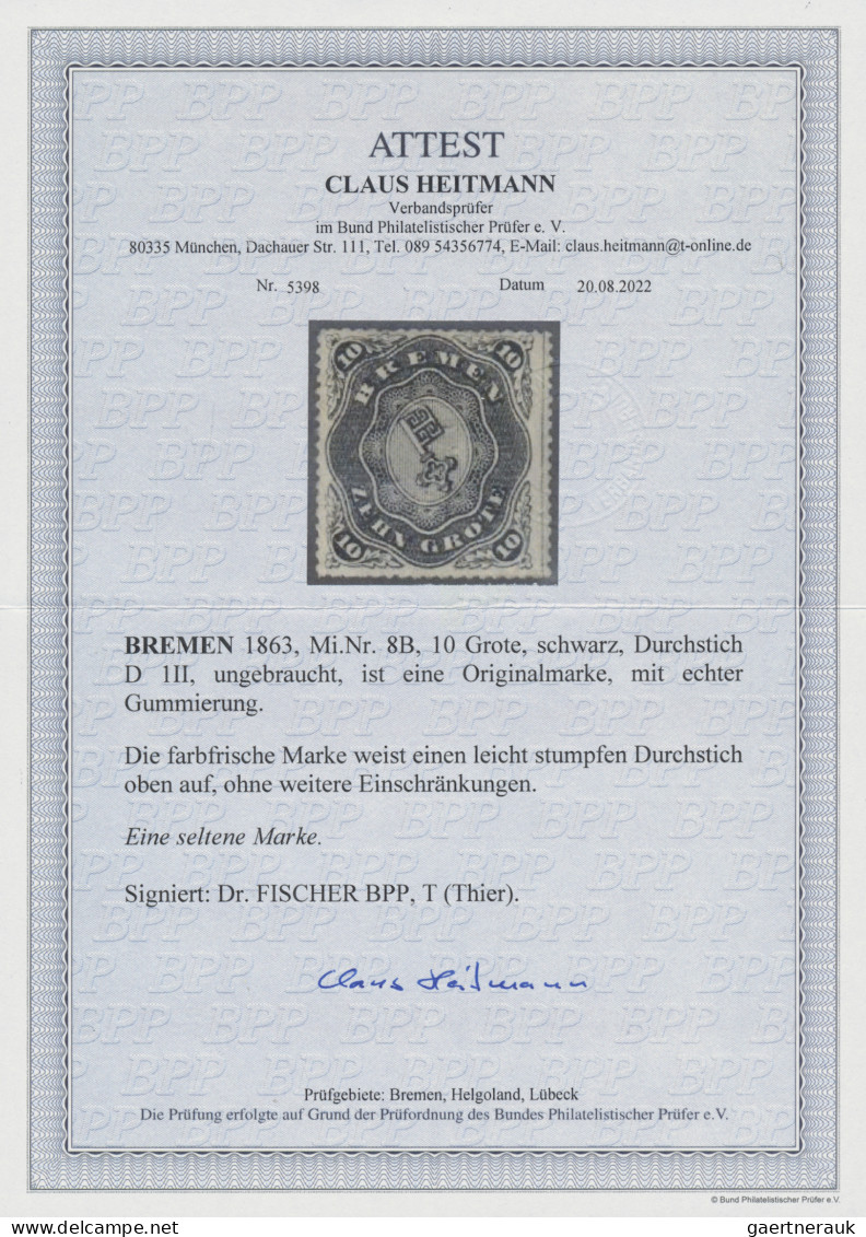 Bremen - Marken Und Briefe: 1863, 10 Grote Schwarz, Durchstich D III (oben Leich - Brême