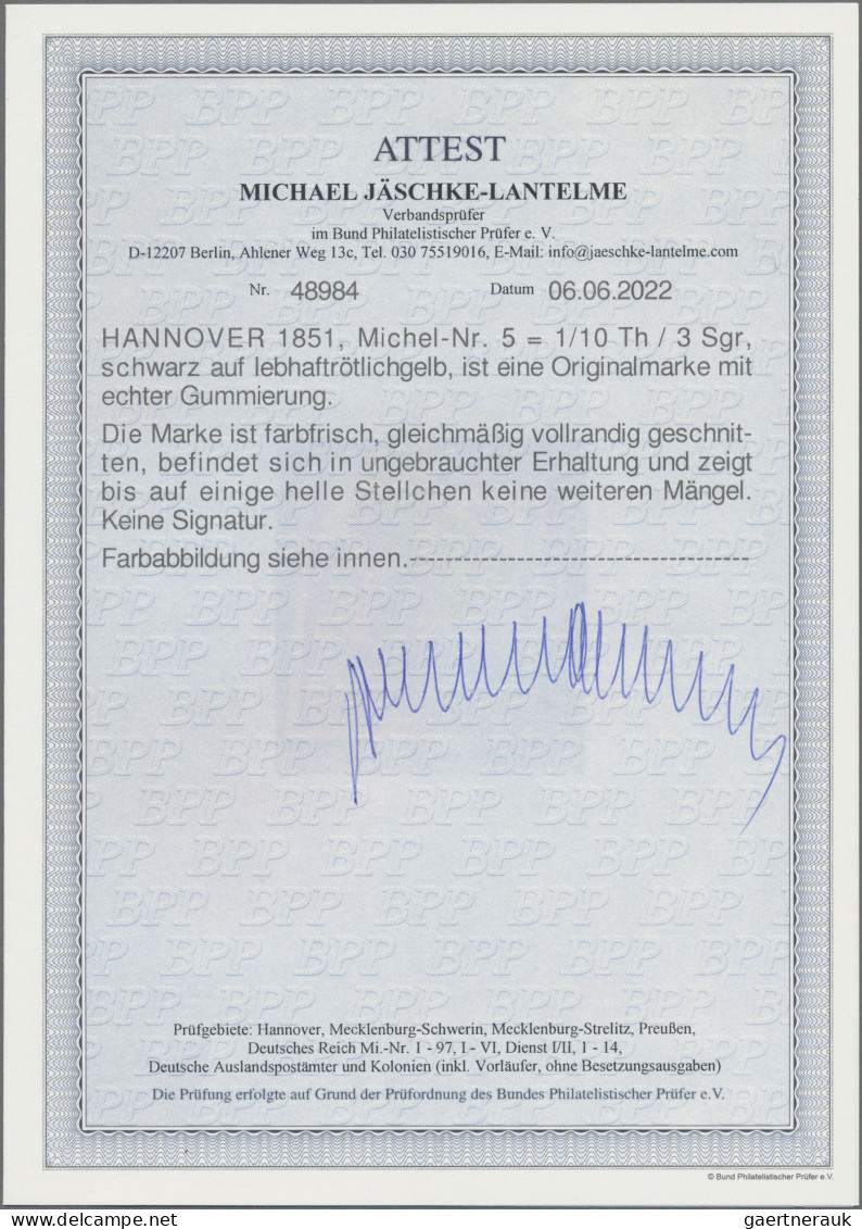 Hannover - Marken Und Briefe: 1851, 1/10 Th./3 Sgr. Schwarz Auf Dunkelrötlichgel - Hannover