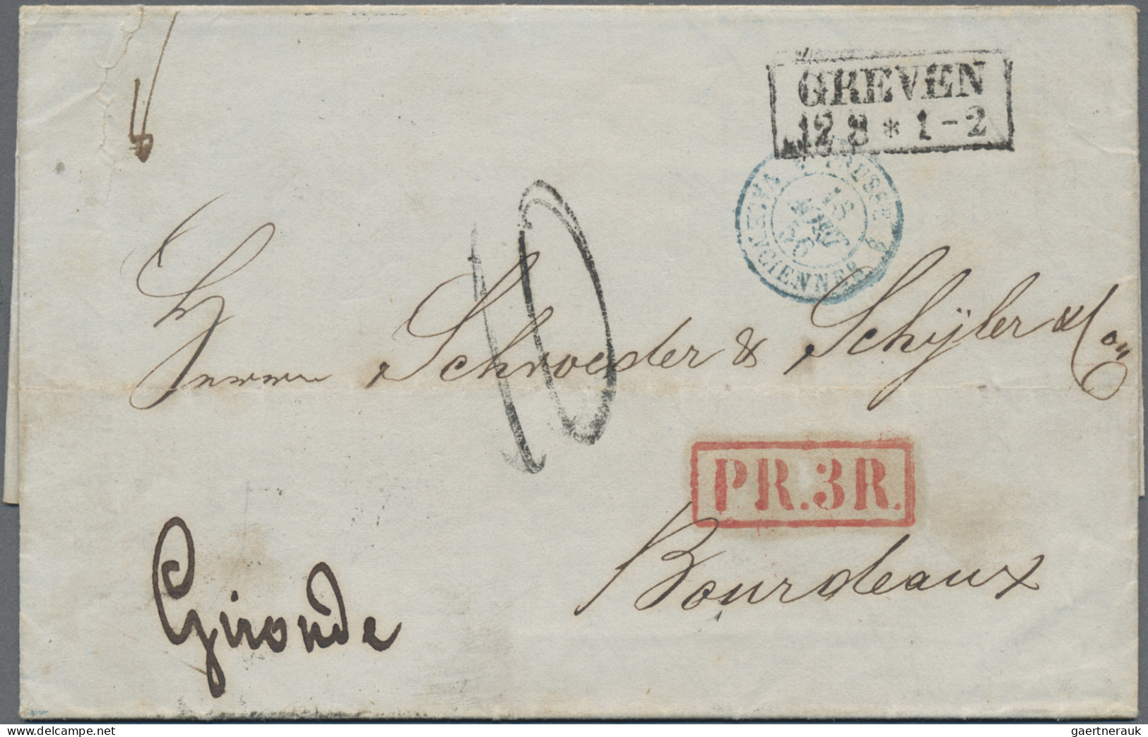 Preußen - Vorphilatelie: 1856, R2 "GREVEN 12 8" Auf Markenlosem Brief Nach Borde - [Voorlopers