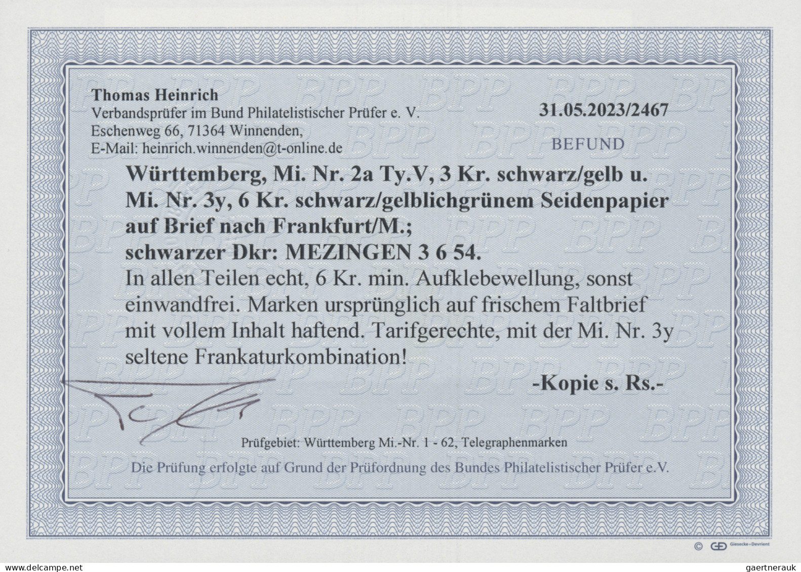 Württemberg - Marken Und Briefe: 1851, 3 Kr. Schwarz Auf Gelb, Type V Und 6 Kr. - Sonstige & Ohne Zuordnung