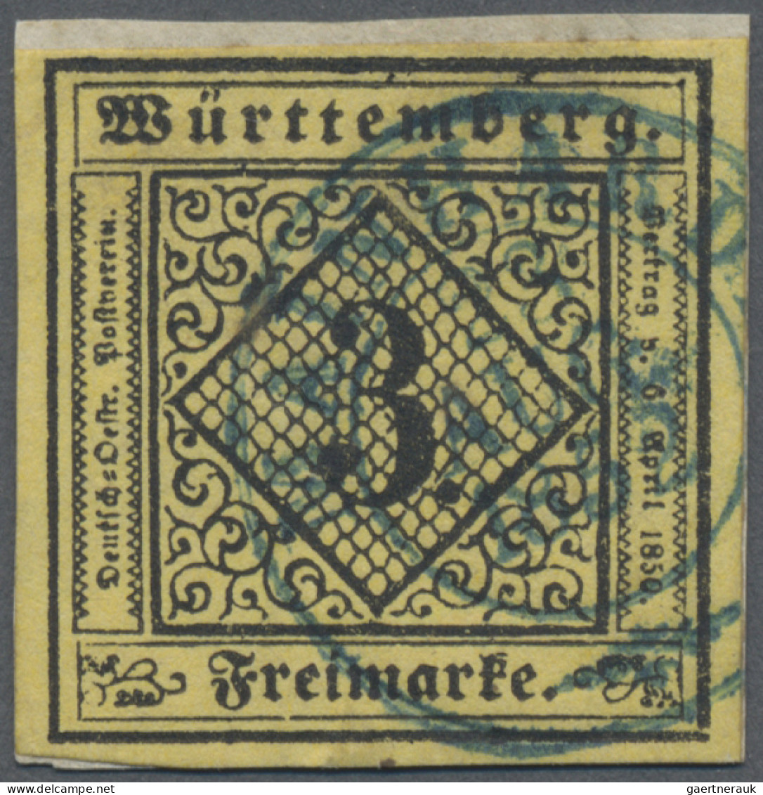 Württemberg - Marken Und Briefe: 1851, 3 Kr. Schwarz Auf Pastellgelb, Blauer K 2 - Other & Unclassified