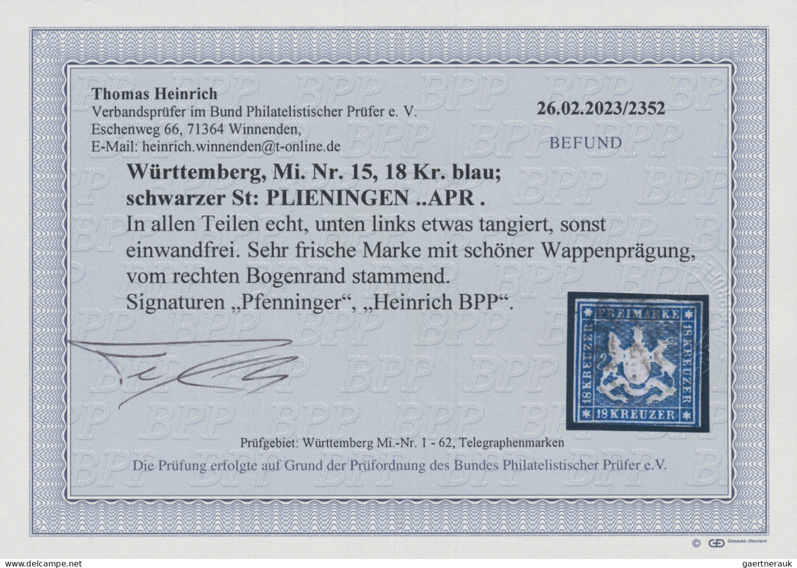Württemberg - Marken Und Briefe: 1859, 18 Kr. Blau, Unten Links Minimal Tangiert - Autres & Non Classés
