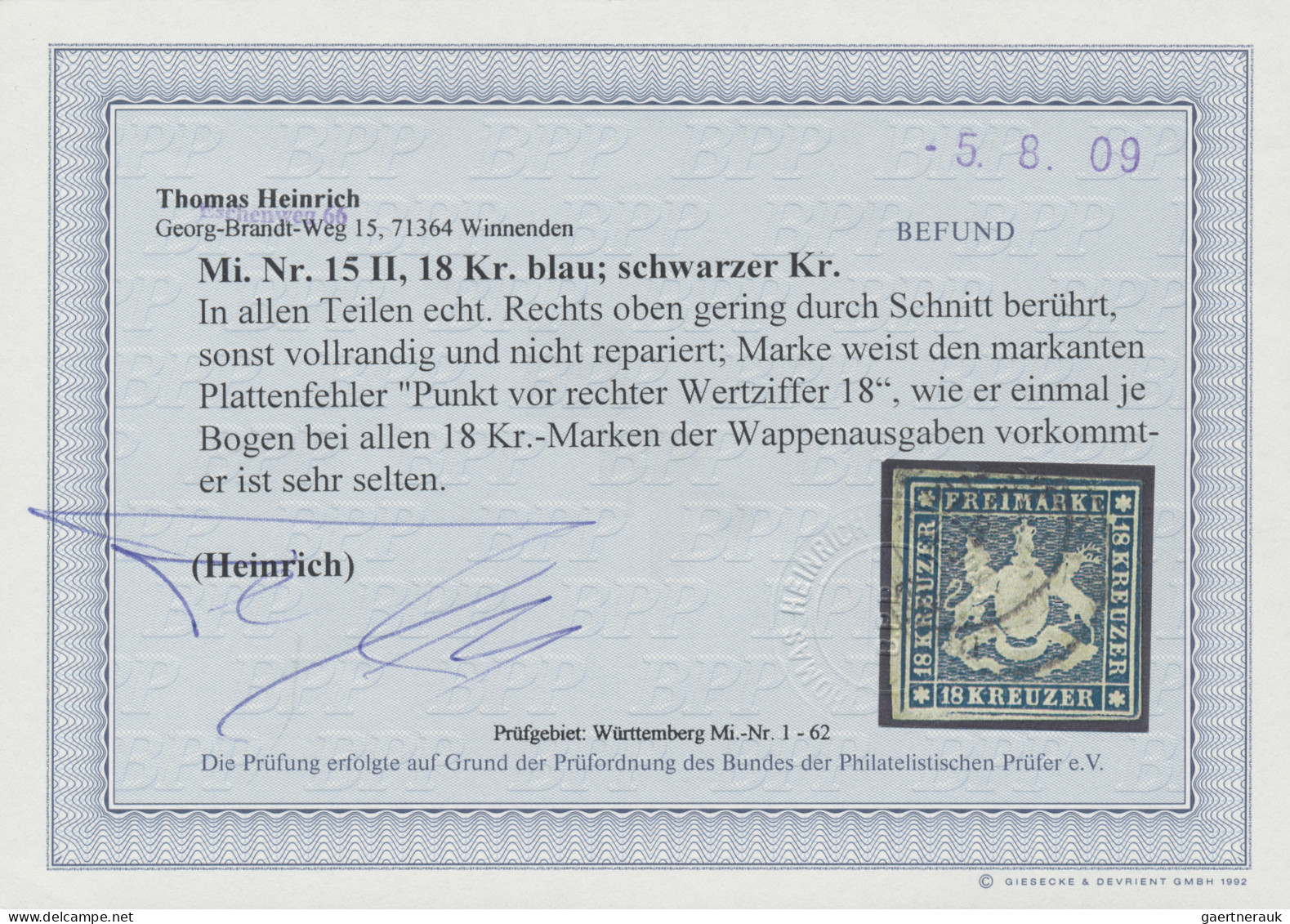 Württemberg - Marken Und Briefe: 18 Kr. Blau Mit Plattenfehler ARGE II "Punkt Vo - Altri & Non Classificati