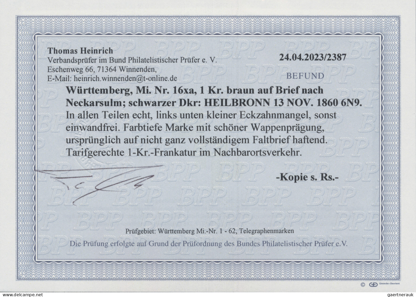 Württemberg - Marken Und Briefe: 1860, 1 Kr., Besonders Tieffarbiges Exemplar (l - Autres & Non Classés