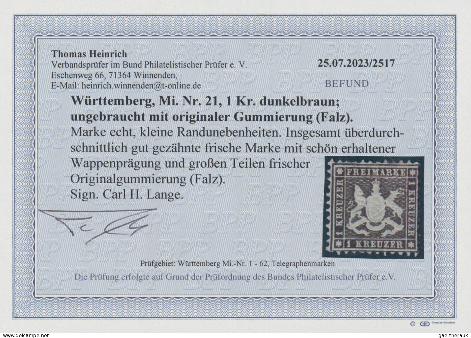 Württemberg - Marken Und Briefe: 1862, 1 Kr. Dunkelbraun, Ungebraucht, Kleine Ra - Sonstige & Ohne Zuordnung