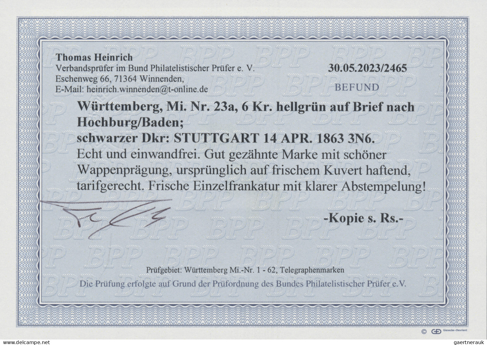 Württemberg - Marken Und Briefe: 1862, 6 Kr. Hellgrün, Kabinettstück, Als Einzel - Sonstige & Ohne Zuordnung