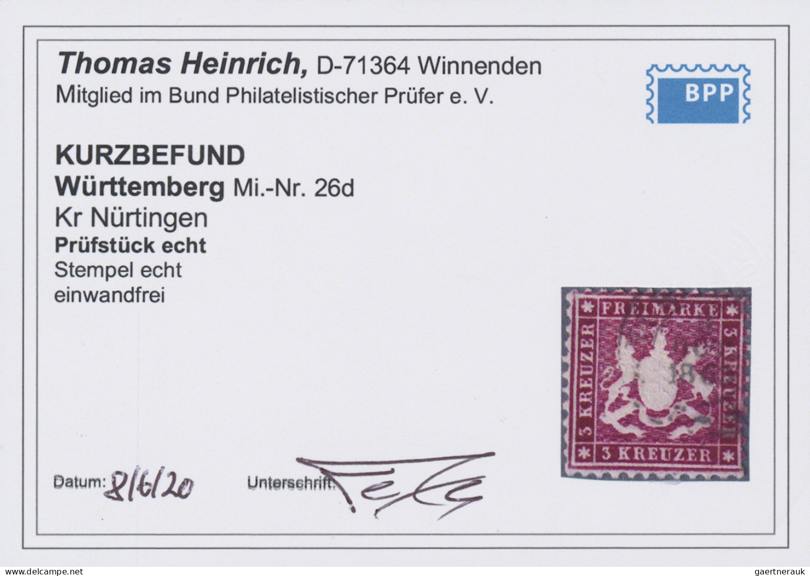 Württemberg - Marken Und Briefe: 1863, 3 Kr. Weinrot, Tadelloses Prachtstück, K - Other & Unclassified