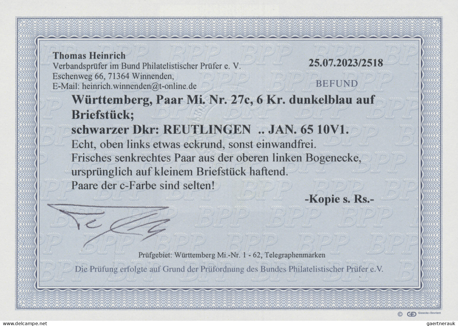 Württemberg - Marken Und Briefe: 1863, 6 Kr. Dunkelblau, Senkrechtes Paar, Oben - Sonstige & Ohne Zuordnung