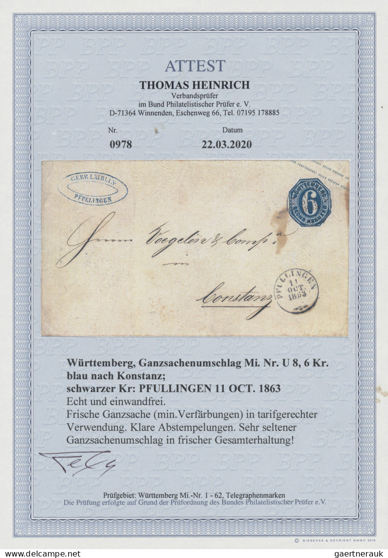 Württemberg - Ganzsachen: 1863, 6 Kr. Blau, Frischer Umschlag (minimal Verfärbun - Autres & Non Classés